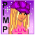 Pixel art contact sheet showing three frames of a cartoon character with blonde hair wearing a purple beret and pink top against a starry purple background, with "PIMP" text on the left side.