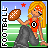 Pixel art contact sheet showing two frames of an animated buddy icon featuring a blonde woman holding a football on a sports field background with vertical text.