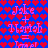 Pixelated text 'Jake + Marah = Love' on a blue background with red and purple heart patterns, animated to shift colors.