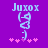 Pixelated icon with purple background, light blue text "Juxox" above a stylized figure and pink stars below.