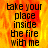 A static image with fiery orange and yellow background displaying black text reading 'take your place inside the fire with me' in pixelated font.