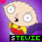 A 3x2 contact sheet of six animated frames showing a cartoon baby character with large eyes and a yellow-and-red outfit against a purple background, each frame labeled "STEWIE" in green text on black bars.