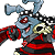 Pixelated character with blue skin, red eyes, and a large yellow eye on its chest, wearing red and black clothing against white background.