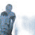 Pixelated figure in blue and gray tones holding a dark object against a light background.