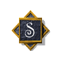 Four identical square icons with golden borders and dark blue backgrounds, each featuring a white stylized 'S' symbol, arranged in a