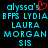 Pixelated cyan text on black background with red heart symbol above 's' in 'alyssa's', repeated in two with identical text and layout