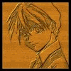 Anime-style character with tousled brown hair and a collared shirt on left, text block on right reads "Got Wood? name Quatre from Gundam Wing type Stained Wood" in wood-textured background.