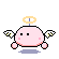 Pixelated pink spherical character with black eyes, white wings, and golden halo floating above light purple shadow on gray background.