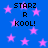 Blue background with pink stars and repeated text "STARZ R KOOL!" in black pixelated font.