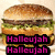 Two side-by-side pixelated burger images with pink text overlays reading "Hallelujah" and "To the big mac!" on black backgrounds.