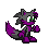 Pixelated character with dark gray fur and purple limbs in multiple poses against a solid light gray background.