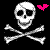 Pixelated skull and crossbones with a pink heart symbol on black background.