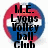 Circular icon with red, white, and blue segments; left side displays text 'M.E. Lyons Volleyball Club', right side shows a stylized black signature.