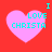 Four pink hearts on red background with cyan text "LOVE CHRISTA" and cyan "I" above each heart.
