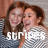 Two people in striped shirts pose together with text overlays changing across frames.