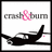 Pixelated icon with 'crash & burn' text in gray and pink, featuring a black airplane silhouette on white background.