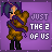 Pixel art character with purple hair and brown outfit holding a bear, standing against purple background with text "JUST THE 2 OF US".