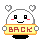 Pixelated character with white rounded head, black square eyes, red cheeks, and smiling mouth holding yellow sign reading BACK in red letters.