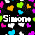 Pixelated icon with colorful hearts, a purple cartoon face, and text reading "Simone is awesome" on a black background.