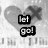 A grayscale image with a heart and X symbol behind text reading 'let go!' followed by two yellow cartoon characters with 'END.' on their foreheads.