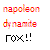 Pixelated text in red and orange hues reads 'napoleon dynamite' above black pixel art of a stylized fox head with exclamation marks.