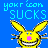 Pixelated yellow creature with long ears and pink nose on blue background, text above reads 'yokr icon SUCKS' in cyan block letters.