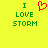 Yellow background with green text "I LOVE STORM" on left and right, red pixelated heart symbol between them.