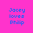 Pixelated blue text on bright pink background reads "Jacey loves Philip" with a light pink rectangular overlay on the right side of the text block.