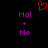 Red pixelated heart symbol above purple text 'Mal + Me' repeated on black background.