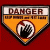 A split-screen animated contact sheet showing two frames of a warning sign icon with 'DANGER' text and a hand symbol on the left, and green pixelated text reading 'Original Icons .com' on the right against a dark background.