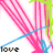 A static contact sheet of 17 animated frames showing a repeating pattern with pink diagonal stripes, blue lines, green shapes, and the word 'love' in black text on white background.