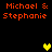 Pixelated orange text "Michael & Stephanie" appears in two on black background with yellow and green heart icons