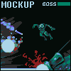 Pixel art scene with 'MOCKUP' and 'BOSS' text, a green alien-like figure, red splatters, and colorful explosions on black background.