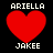 Four identical pixelated red hearts with white text 'ARIELLA' above and 'JAKEE' below on black background.