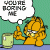 A pixelated cartoon image of Garfield the cat with a speech bubble saying 'YOU'RE BORING ME' next to a glass of lemonade, split into two sections with green text reading 'Original Icons .com' on the right side.