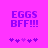 Pixelated purple text 'EGGS BFF!!!' on bright pink background with five star-like symbols below, two versions differ in star symbol arrangement.