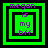 Four green square with black borders display purple text reading 'megan is my bff' in pixelated font, each showing a different nested square arrangement