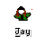 Pixelated character in green robe with white trim holds red-and-white object, repeated across with 'Jay' text below each instance