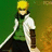 Pixelated figure with yellow hair, green vest over white shirt, dark pants, and a black scarf against a green-to-brown gradient background.