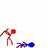 Red stick figure with brown limbs strikes blue stick figure lying on ground, then lifts a dark object above its head while the blue figure remains prone.
