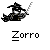 Pixel art animation of a masked Zorro character in four frames with sword and cape, displayed on gray background with "Zorro" text below each frame.