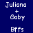 Pixelated text displays 'Juliana + Gaby Bffs' on a dark blue background with two purple glowing effects.