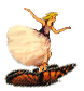 A woman with blonde hair and a flowing white dress stands on an orange-and-black butterfly, her arms raised in motion.