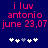 Pixelated text and star icons on a dark blue background, with two identical side-by-side layouts showing 'i luv antonio june 23.07' in red and five white stars below.
