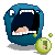 Blue pixelated creature with wide open mouth and white teeth, holding a green blob with a small pink tongue, in six showing mouth and blob position changes