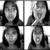 A black-and-white animated sequence showing a person with long dark hair in various poses including smiling, covering mouth with hands, and neutral expression against white background.