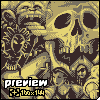 Pixel art image of a large skull with multiple smaller skulls and figures in the background, rendered in yellow and brown tones.