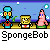 Pixel art contact sheet of three SpongeBob SquarePants animated frames showing character expressions and background elements with text labels below each frame.