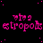 Pink pixelated text 'estropols' with heart symbols above each letter, repeated across a black background with scattered pink dots, and a gray rectangle in the bottom-right corner.