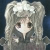 A chibi-style character with twin braided pigtails and white floral headband, wearing a dark high-collared outfit against blue background.